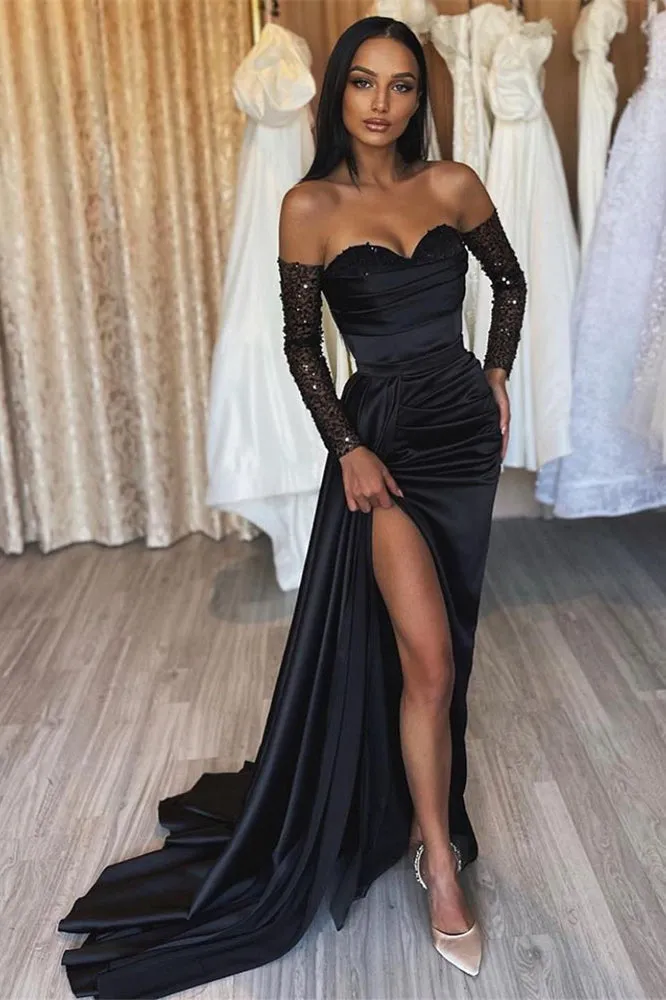 Amazing Long Black Mermaid Split Front Sequined Prom Dresses
