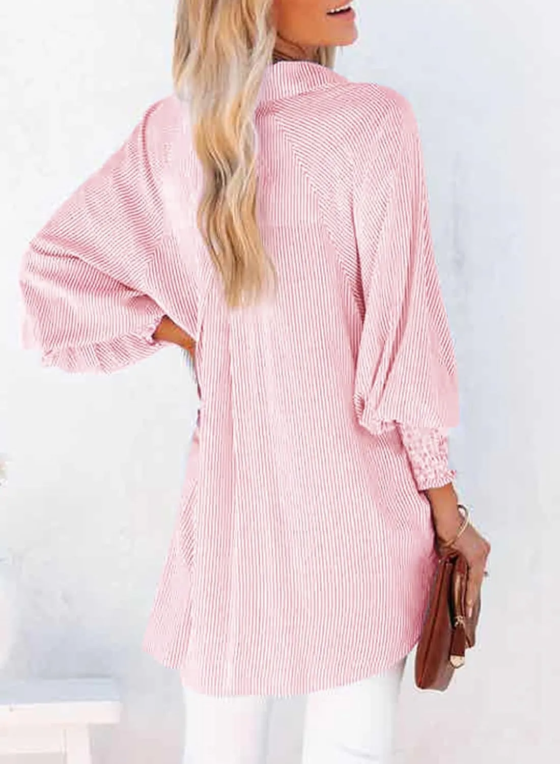 Dokotoo Womens V Neck Striped Button Down Shirts Long Sleeve Tunic Tops