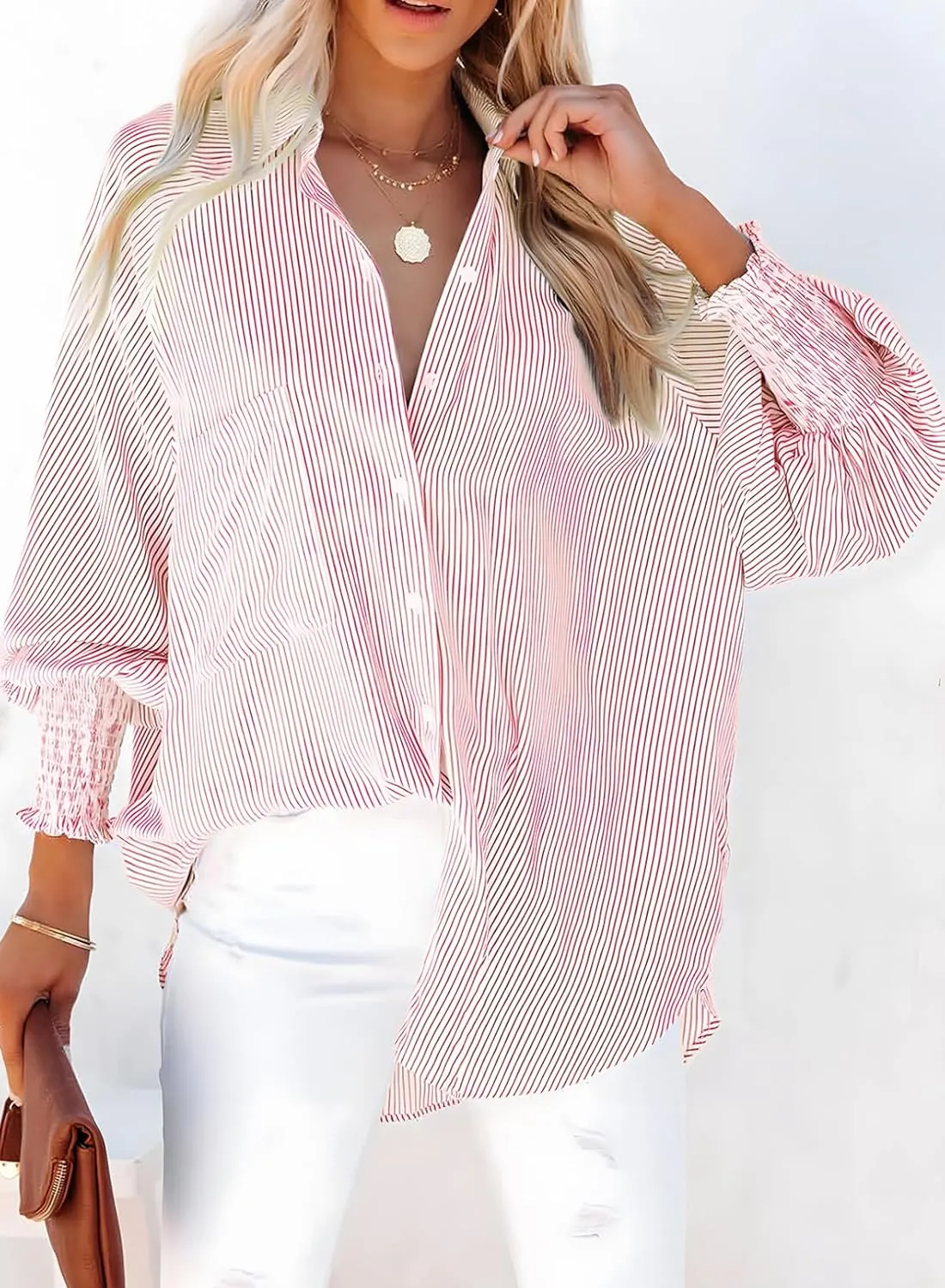 Dokotoo Womens V Neck Striped Button Down Shirts Long Sleeve Tunic Tops