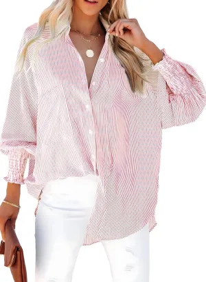 Dokotoo Womens V Neck Striped Button Down Shirts Long Sleeve Tunic Tops