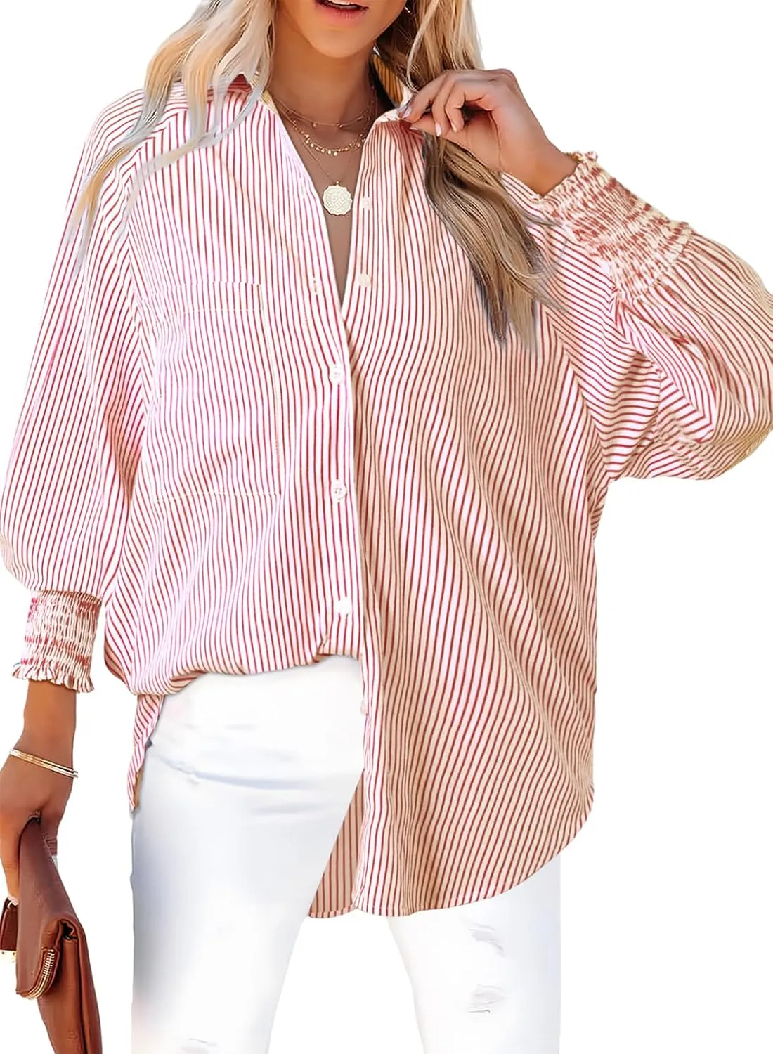 Dokotoo Womens V Neck Striped Button Down Shirts Long Sleeve Tunic Tops