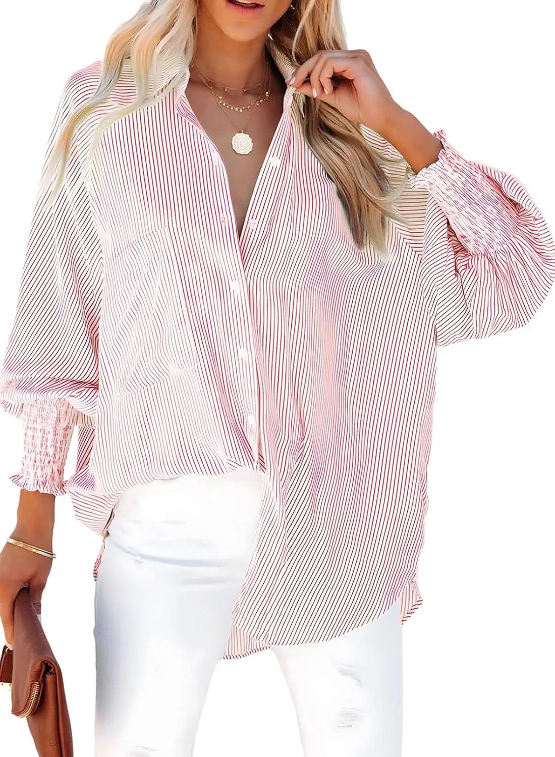 Dokotoo Womens V Neck Striped Button Down Shirts Long Sleeve Tunic Tops