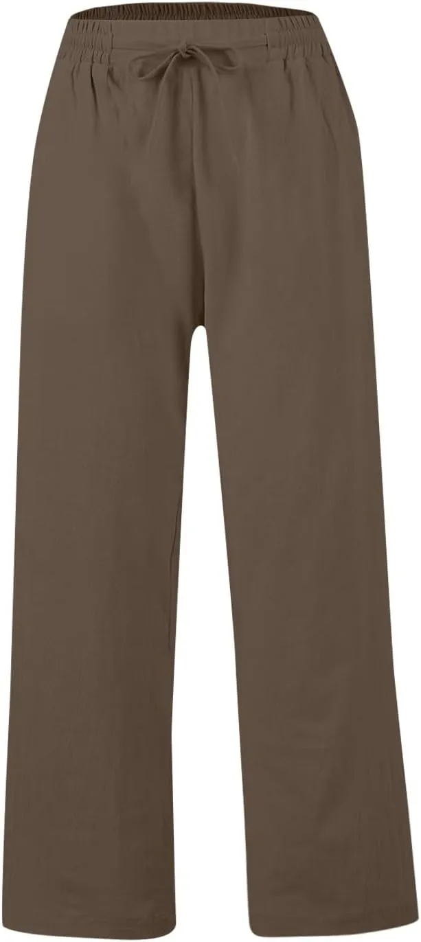 GOFULY Womens Linen Pants Casual Wide Leg 2025 High Rise Pants Drawstring Elastic Waist Summer 2025 Solid Trouser with Pocket
