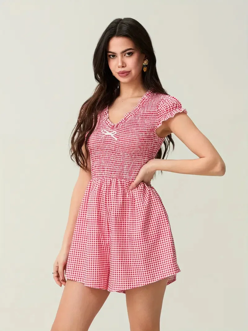 Loose Fit Short Sleeve Plaid Bowknot Romper -  Summer Casual Street Style