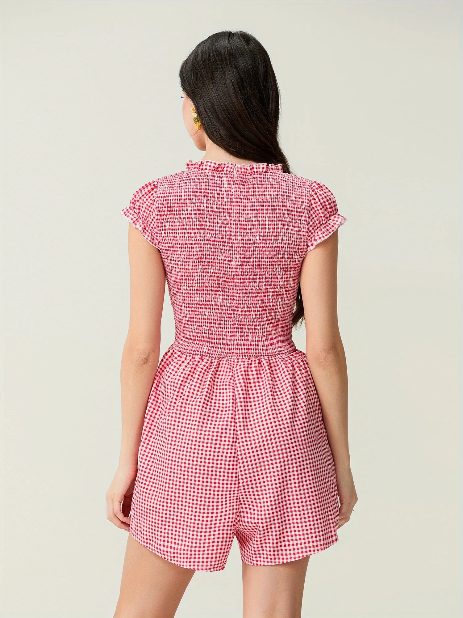 Loose Fit Short Sleeve Plaid Bowknot Romper -  Summer Casual Street Style