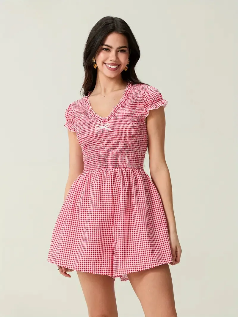 Loose Fit Short Sleeve Plaid Bowknot Romper -  Summer Casual Street Style