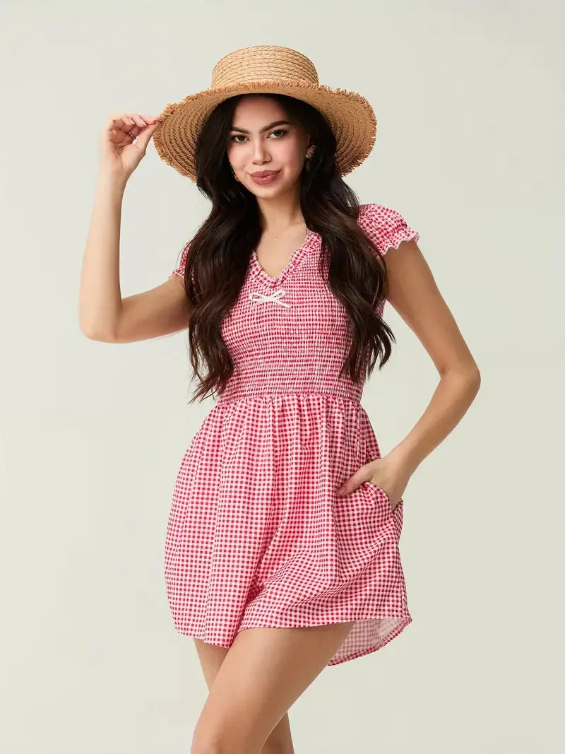 Loose Fit Short Sleeve Plaid Bowknot Romper -  Summer Casual Street Style
