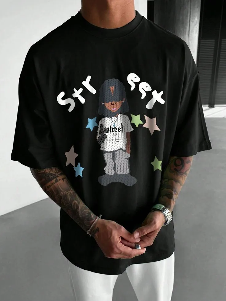 Men's Cartoon Character Letter Print Casual Short Sleeve T-Shirt, Summer