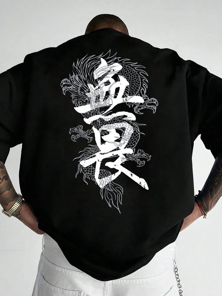 Men's Casual Dragon & Letter Graphic Loose Tee, Summer
