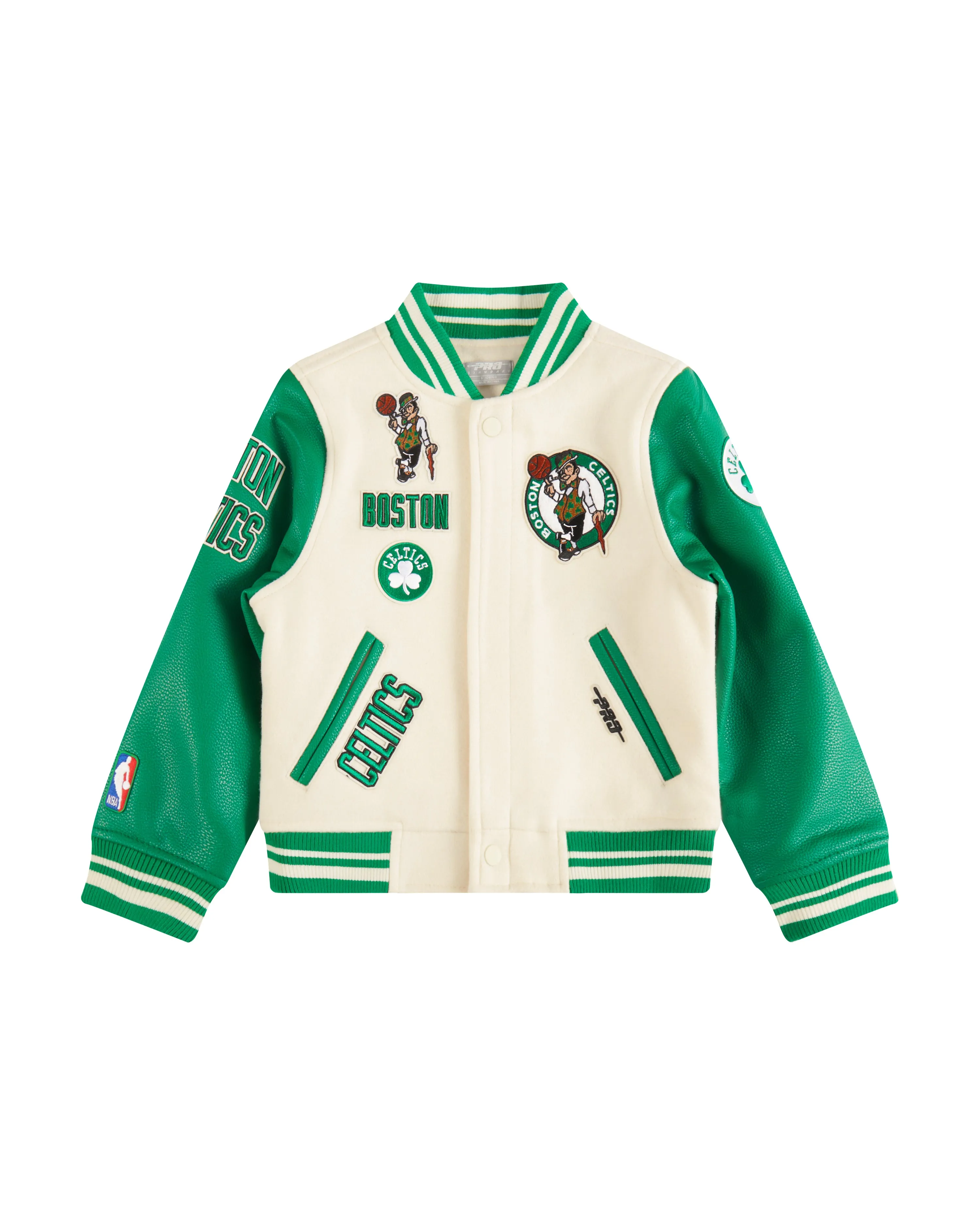 NBA BOSTON CELTICS RETRO CLASSIC LITTLE BOYS RIB WOOL VARSITY JACKET (EGGSHELL/ KELLY GREEN)