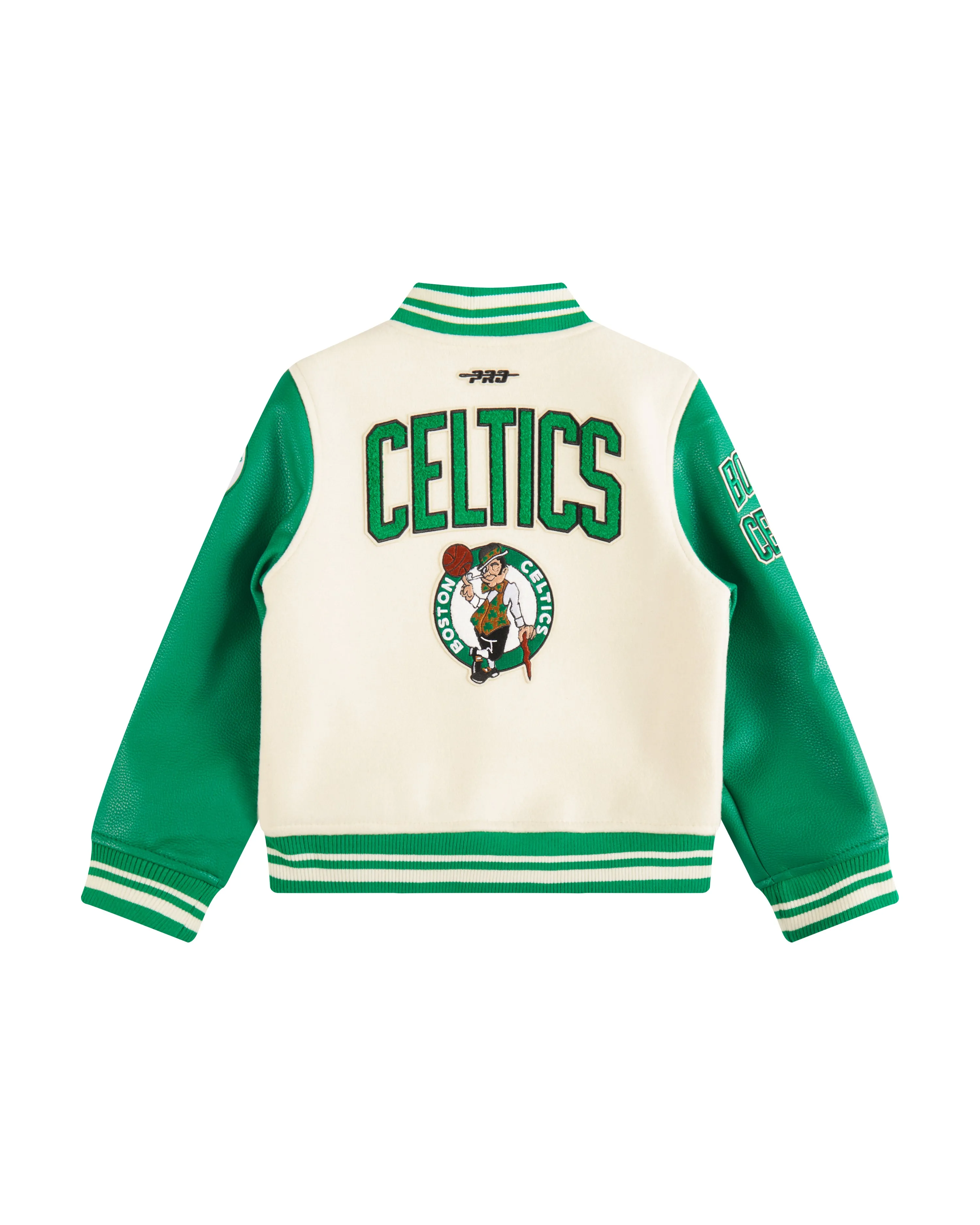 NBA BOSTON CELTICS RETRO CLASSIC LITTLE BOYS RIB WOOL VARSITY JACKET (EGGSHELL/ KELLY GREEN)