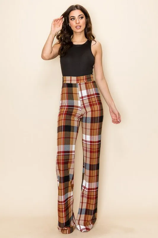 PLAID HIGH WAISTED PANT- Brown Combo
