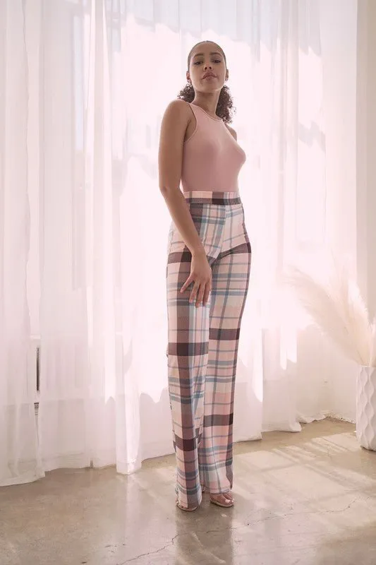 PLAID HIGH WAISTED PANT- Brown Combo