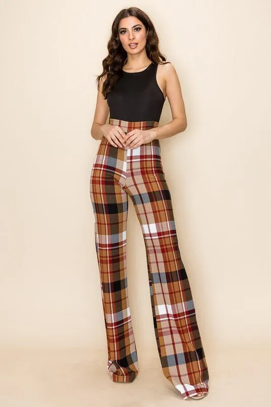 PLAID HIGH WAISTED PANT- Brown Combo