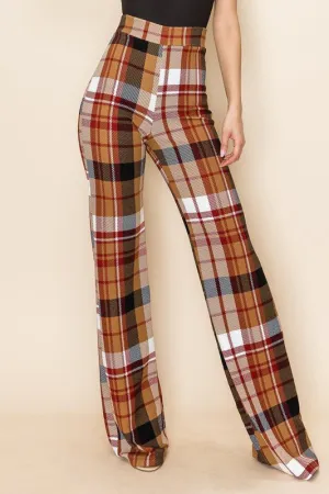 PLAID HIGH WAISTED PANT- Brown Combo