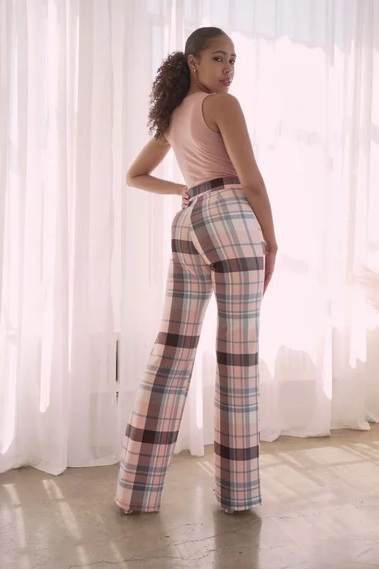 PLAID HIGH WAISTED PANT- Brown Combo