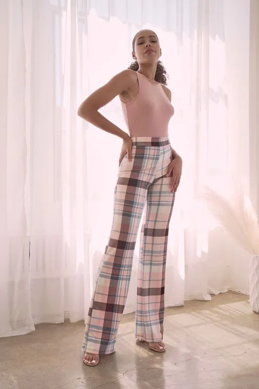 PLAID HIGH WAISTED PANT- Brown Combo