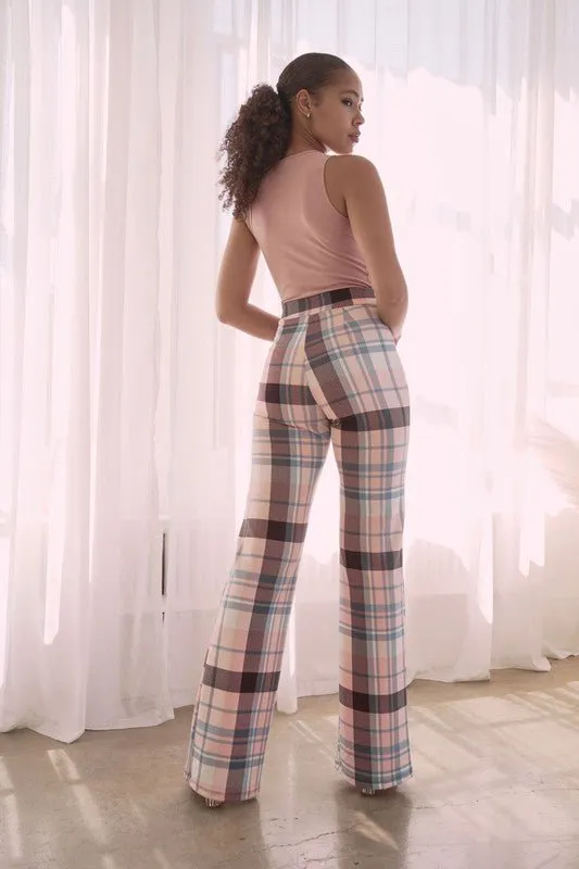 PLAID HIGH WAISTED PANT- Brown Combo