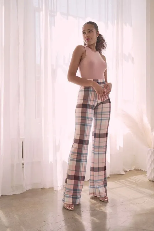 PLAID HIGH WAISTED PANT- Brown Combo