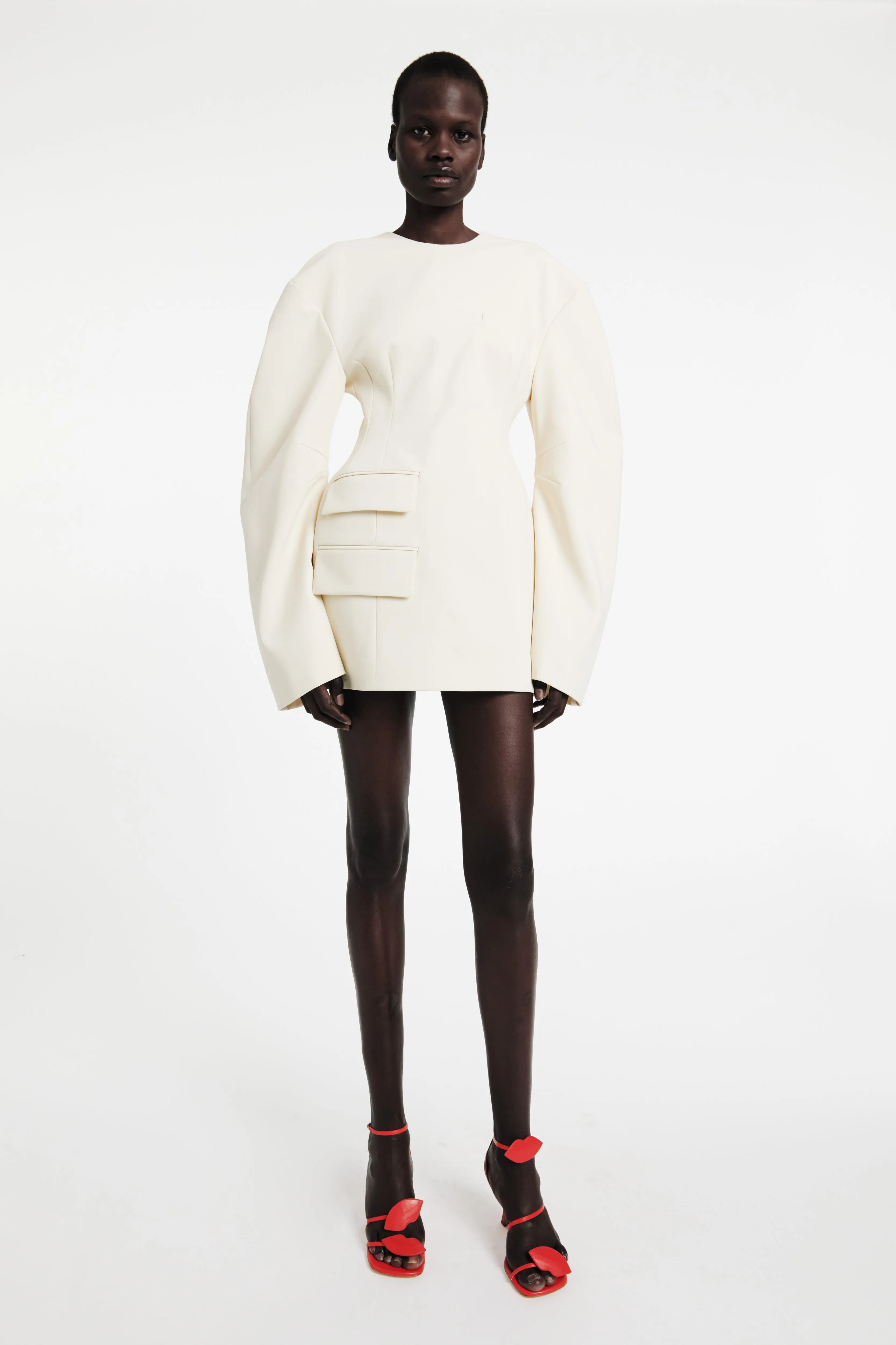 Rounded Sleeve Tailored Mini Dress Ecru