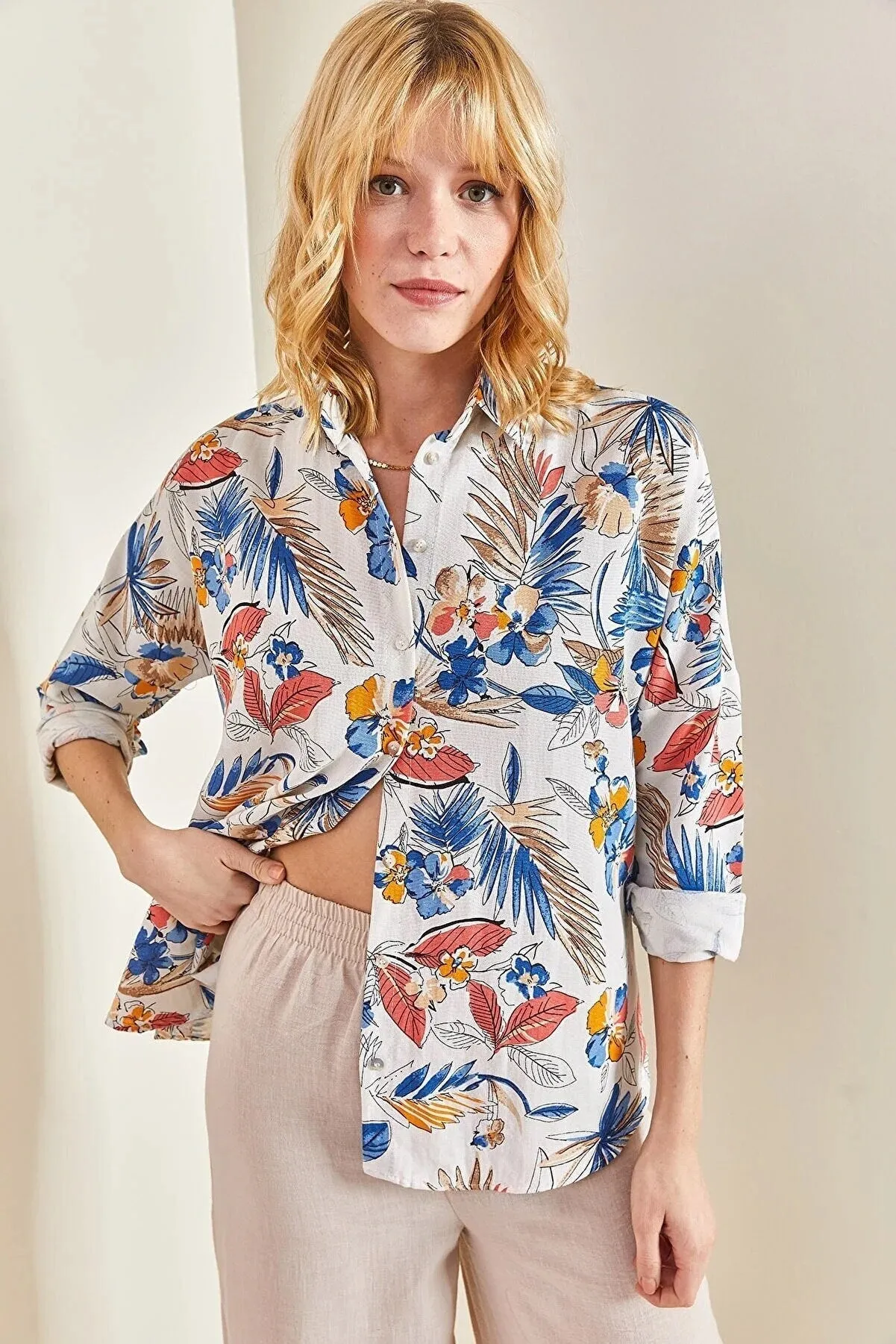 Soft Blue & Pink Floral Linen Blouse