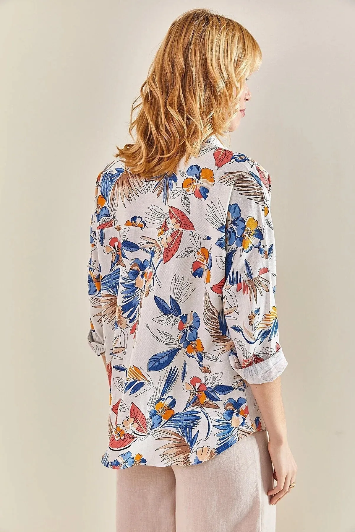Soft Blue & Pink Floral Linen Blouse