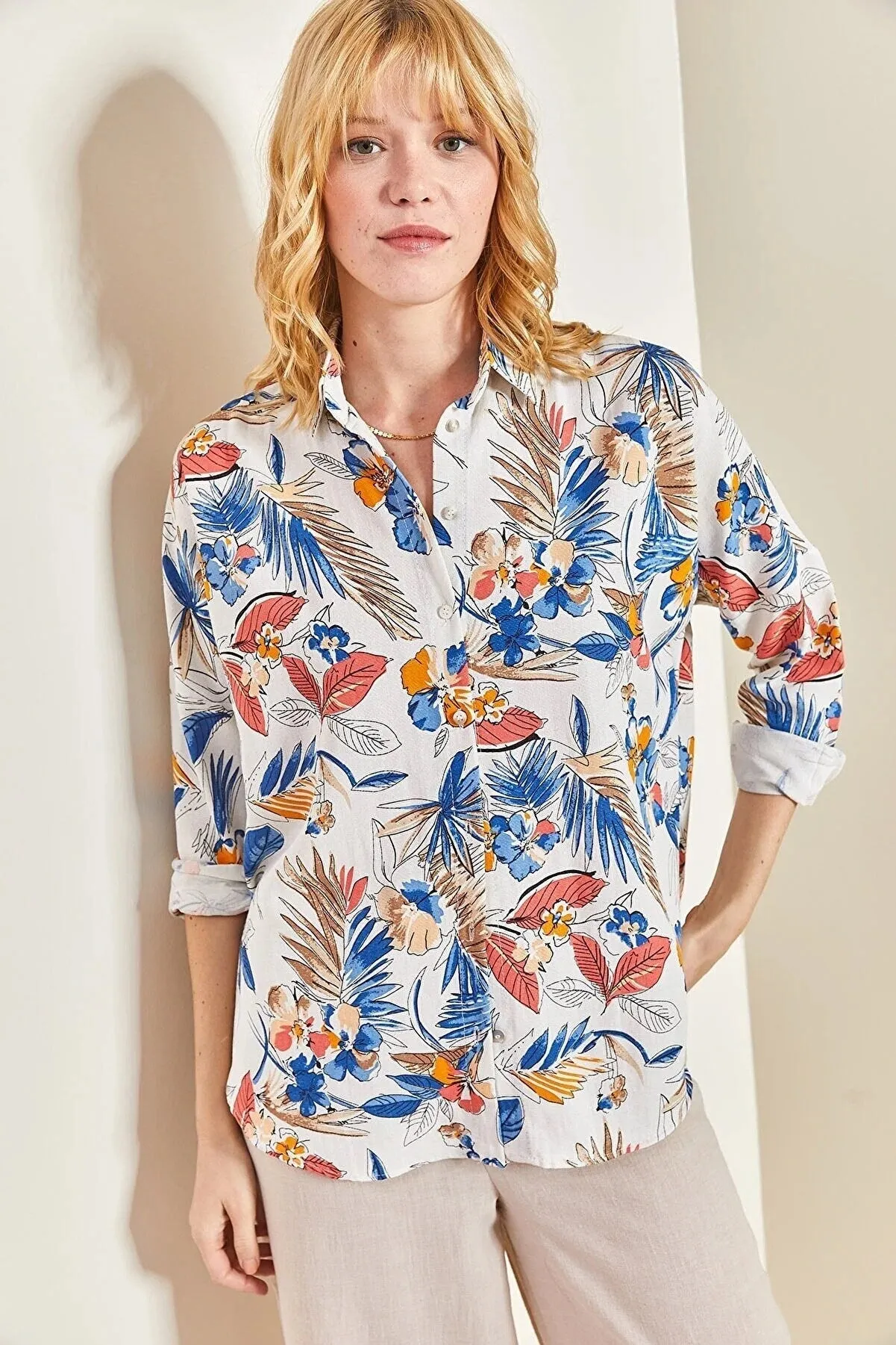 Soft Blue & Pink Floral Linen Blouse