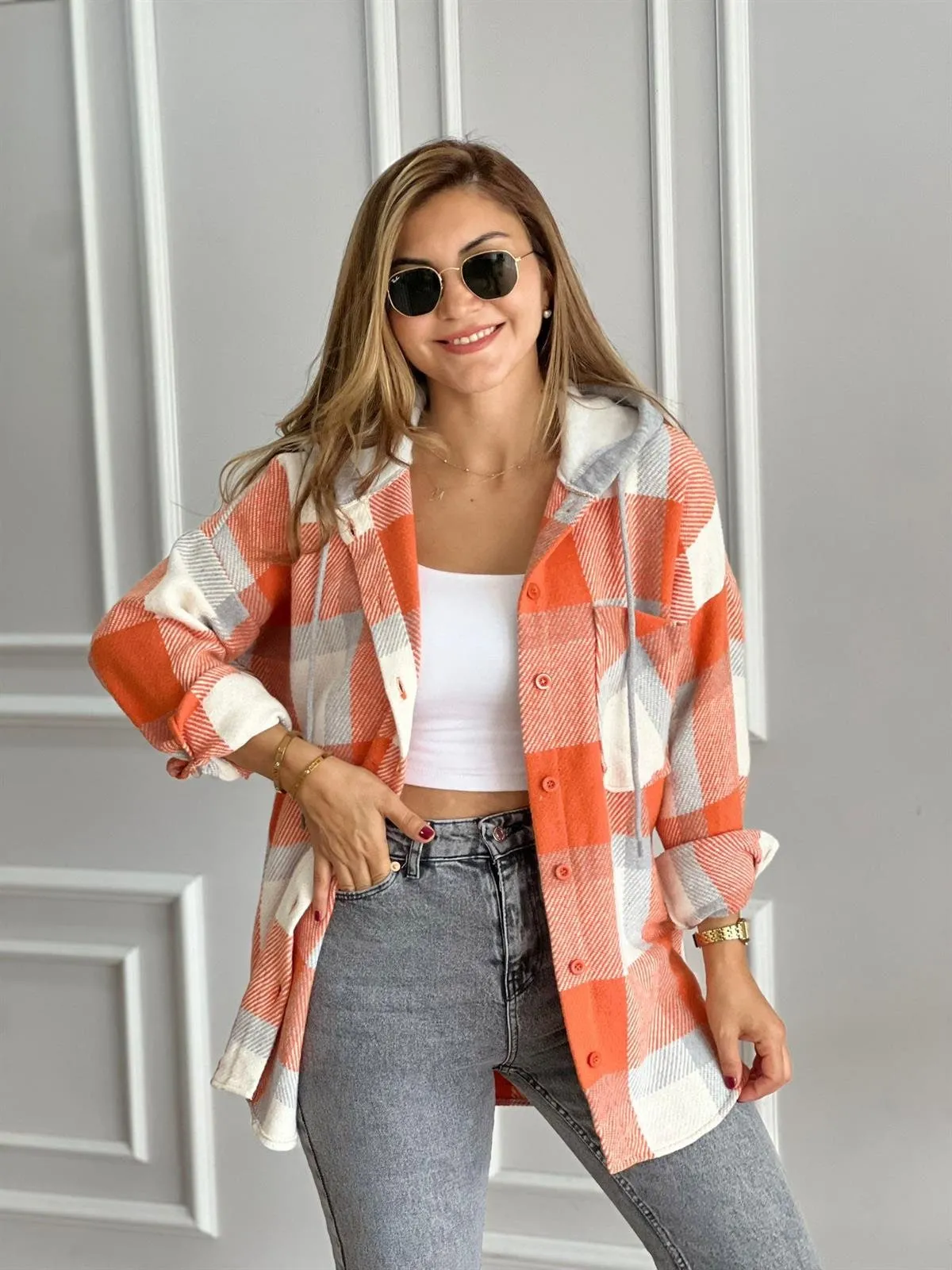 Soft Blue Cream Cotton Plaid Shacket with Hoodie