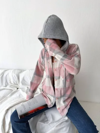 Soft Blue Cream Cotton Plaid Shacket with Hoodie