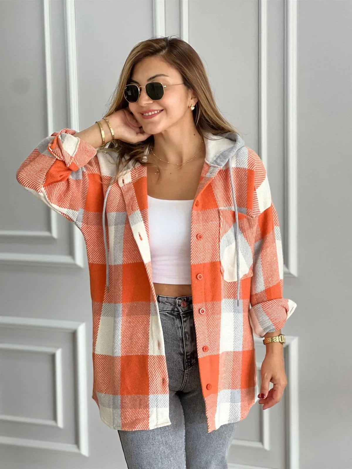 Soft Blue Cream Cotton Plaid Shacket with Hoodie