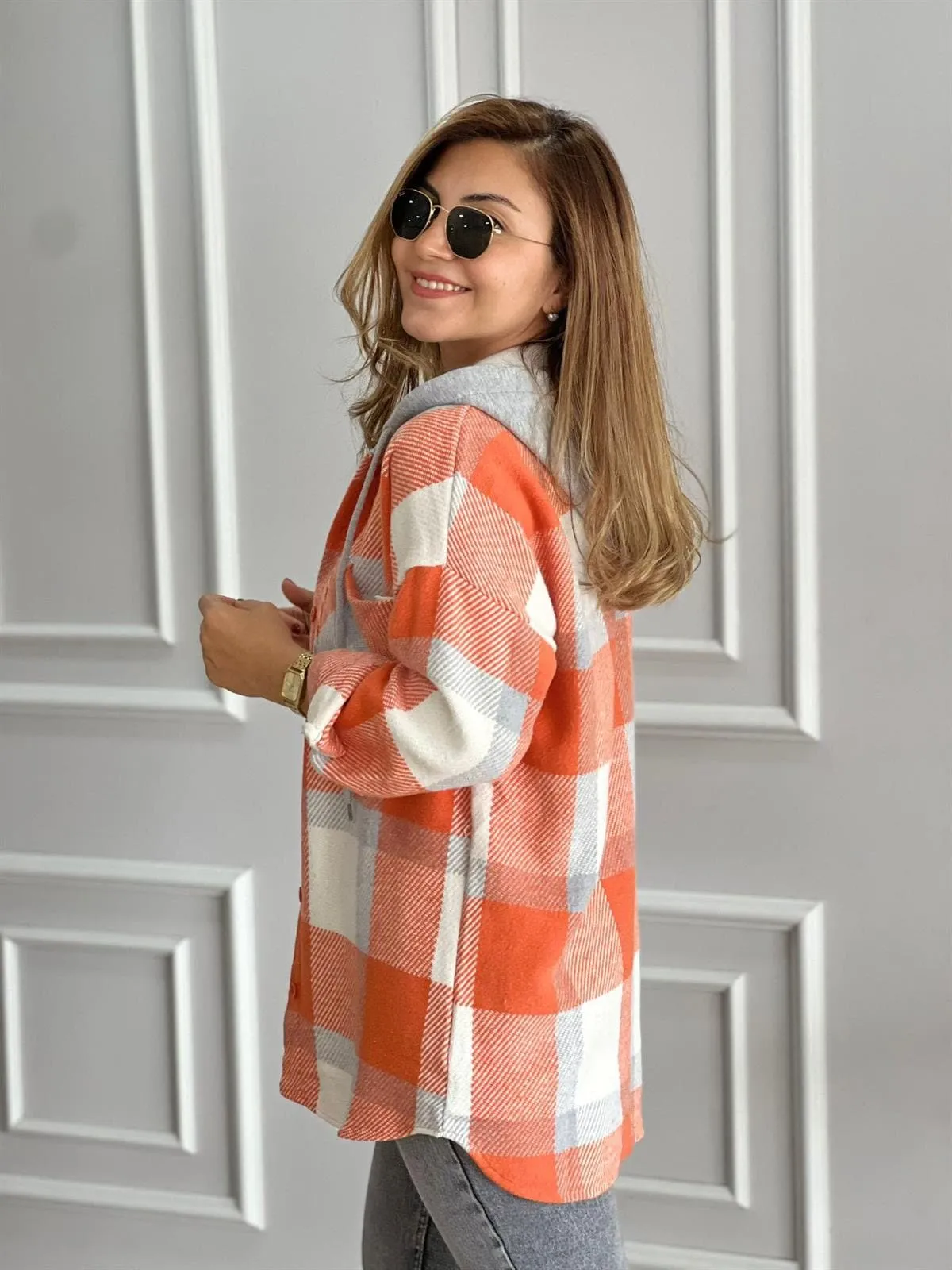 Soft Blue Cream Cotton Plaid Shacket with Hoodie
