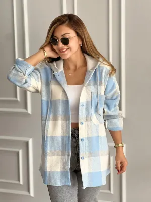 Soft Blue Cream Cotton Plaid Shacket with Hoodie