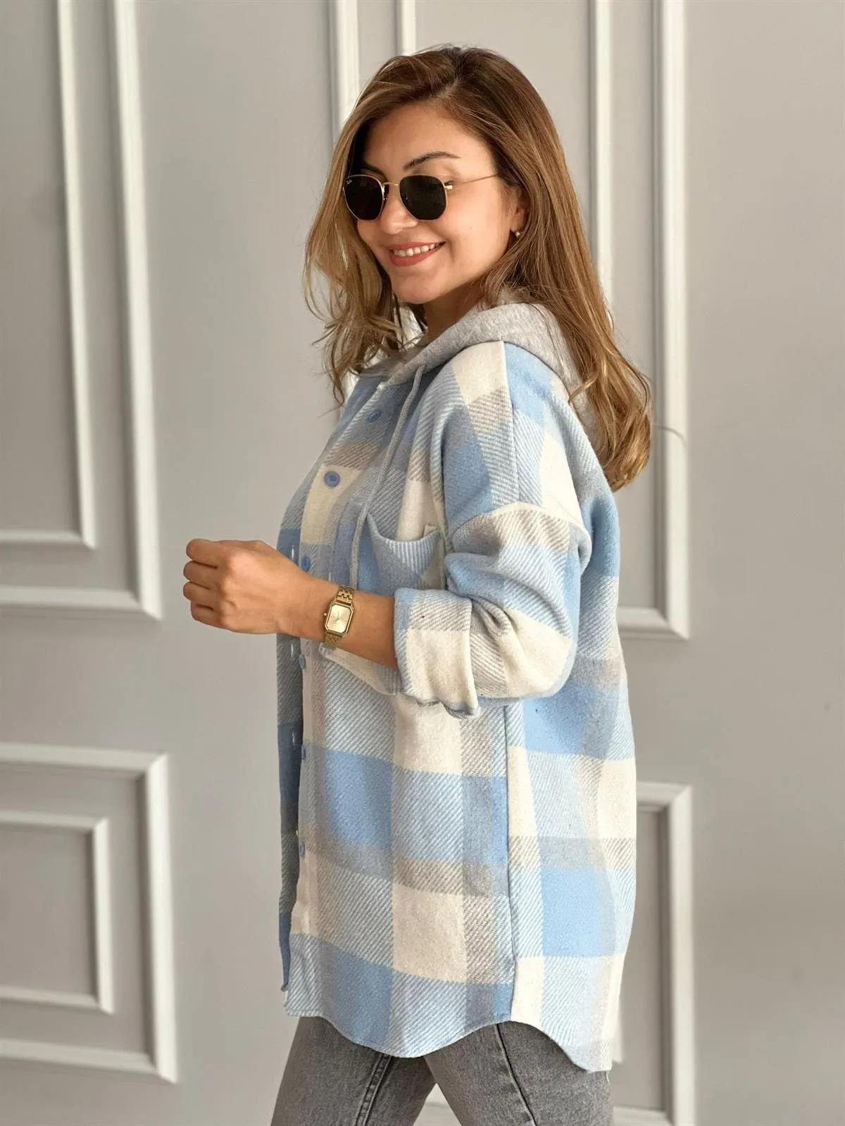 Soft Blue Cream Cotton Plaid Shacket with Hoodie