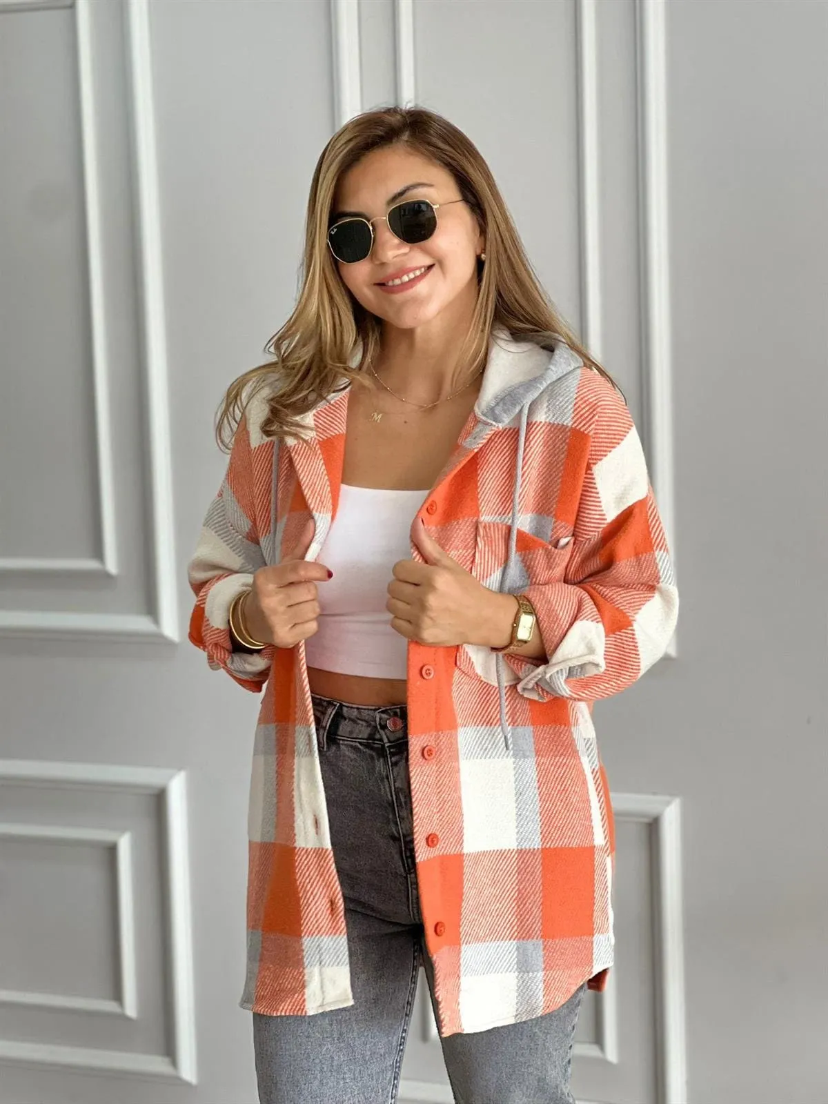 Soft Blue Cream Cotton Plaid Shacket with Hoodie