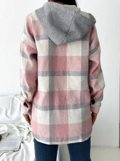 Soft Blue Cream Cotton Plaid Shacket with Hoodie