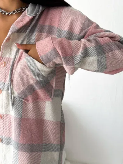 Soft Blue Cream Cotton Plaid Shacket with Hoodie