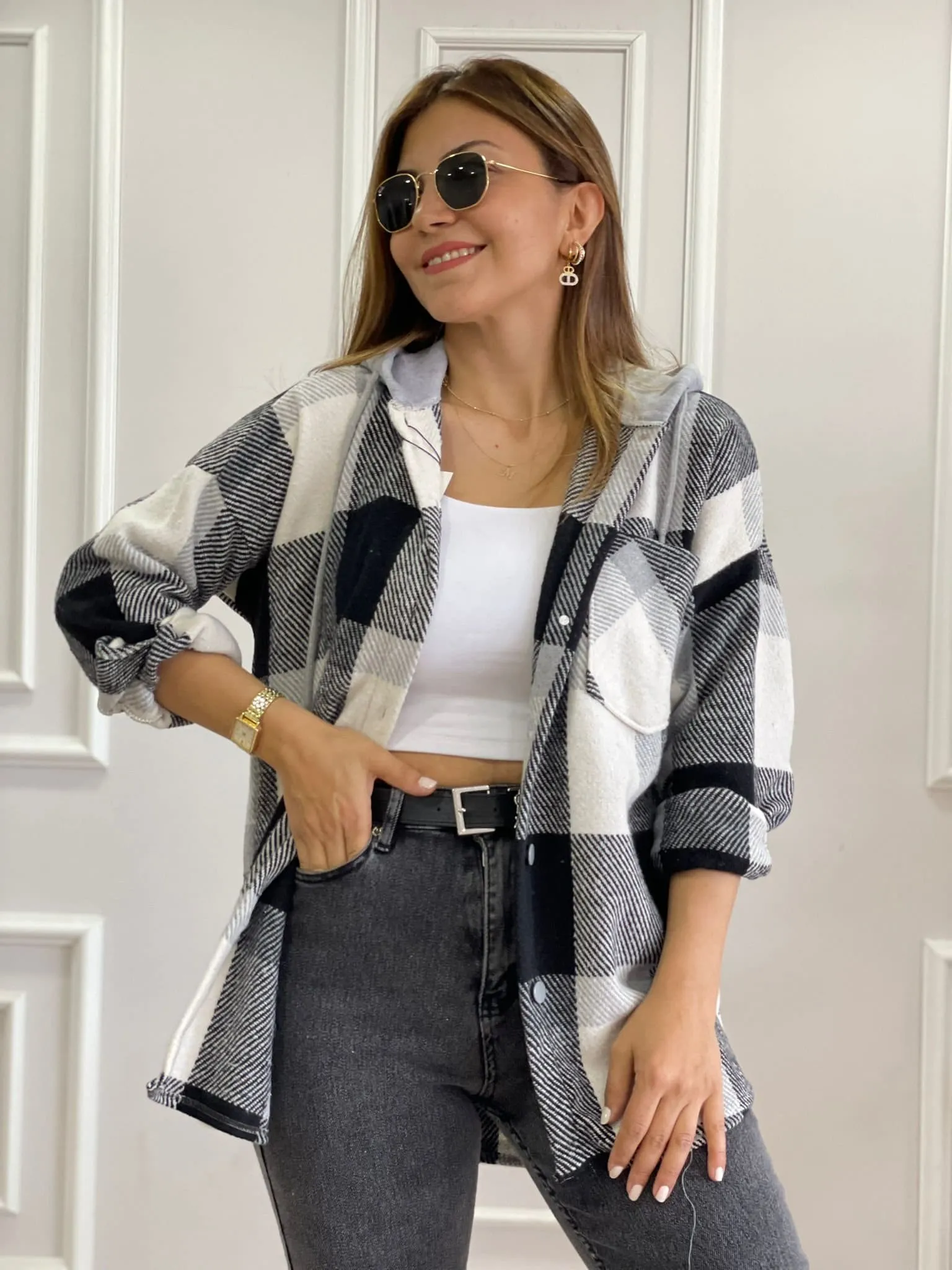 Soft Blue Cream Cotton Plaid Shacket with Hoodie