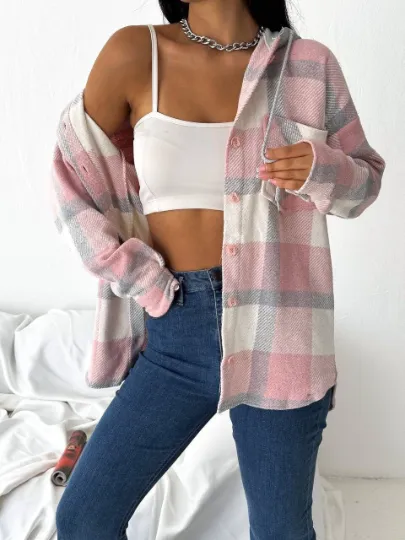 Soft Blue Cream Cotton Plaid Shacket with Hoodie