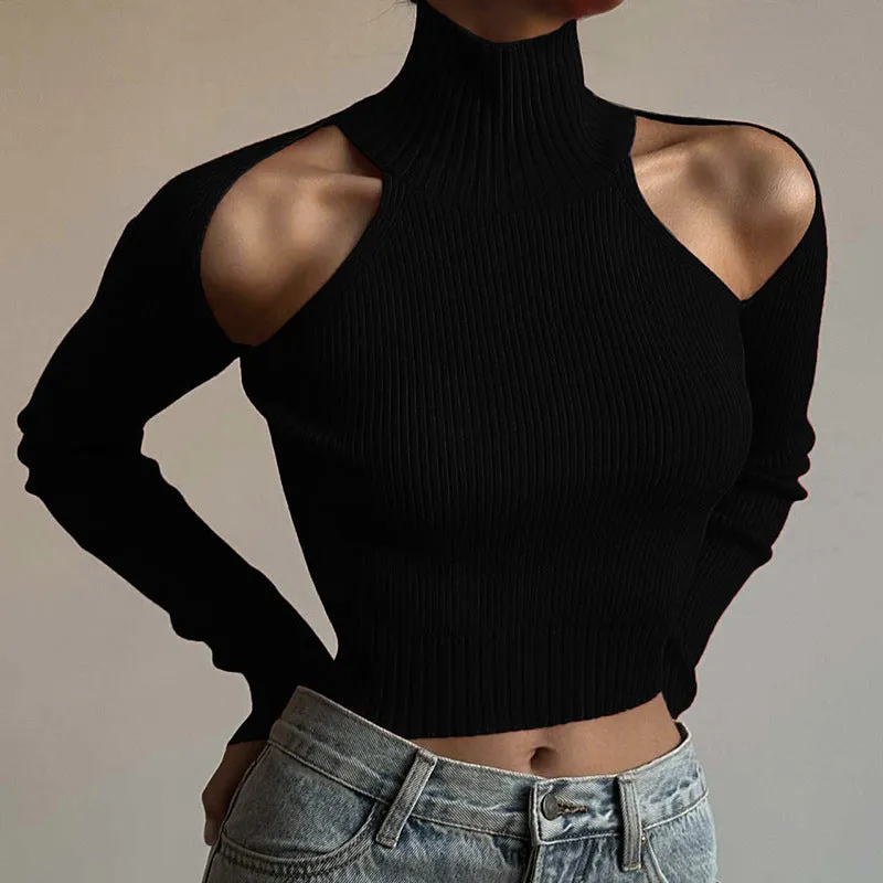 Street Style Personality High Neck Shoulder Cut Out Long Sleeve T-shirt Lady
