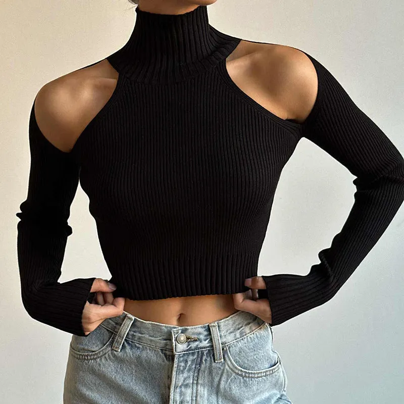 Street Style Personality High Neck Shoulder Cut Out Long Sleeve T-shirt Lady