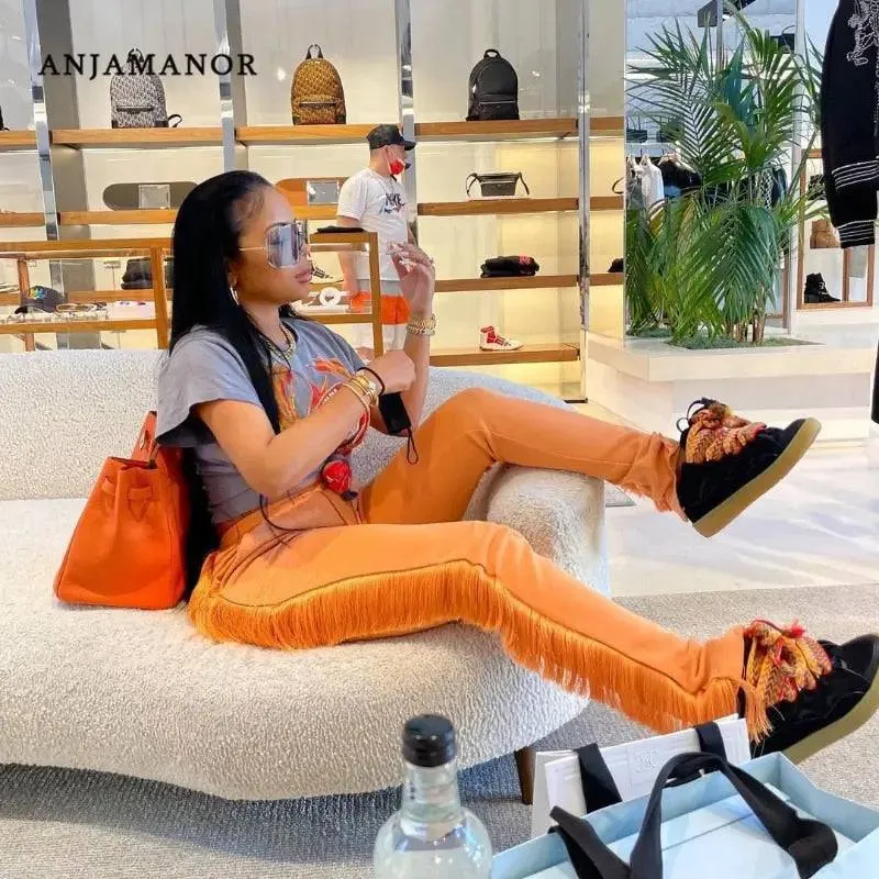 Tassel Sweatpants for Girls Fashion Streetwear Women Fringe Joggers Cozy Casual Elastic High Waist Pants