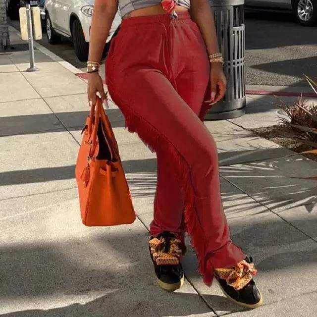 Tassel Sweatpants for Girls Fashion Streetwear Women Fringe Joggers Cozy Casual Elastic High Waist Pants