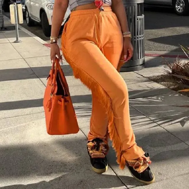 Tassel Sweatpants for Girls Fashion Streetwear Women Fringe Joggers Cozy Casual Elastic High Waist Pants