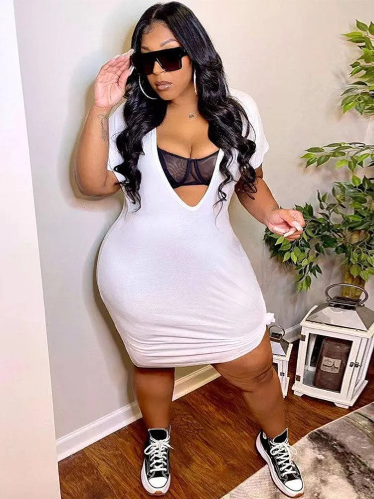 Tshirt Dress Deep V Neck Skinny Sexy Short Dress