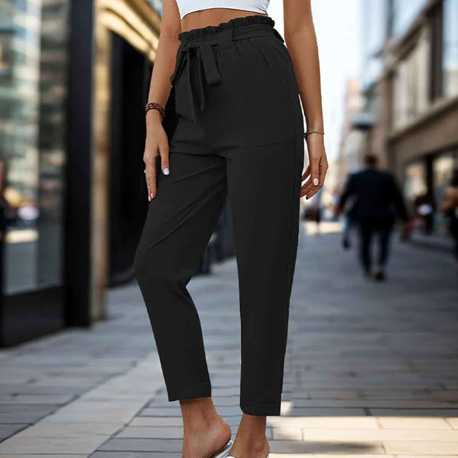 Tummy Control Work Pants for Women Business Casual Pants Drawstring Pants Relaxed Straight Trousers High Waist Pants