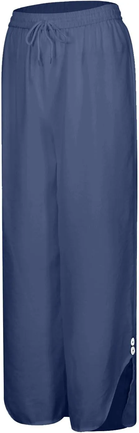 Womans Linen Pants Summer Baggy Button Wide Leg Palazzo Pants Casual High Waisted Trouser Beach Vacation Pant
