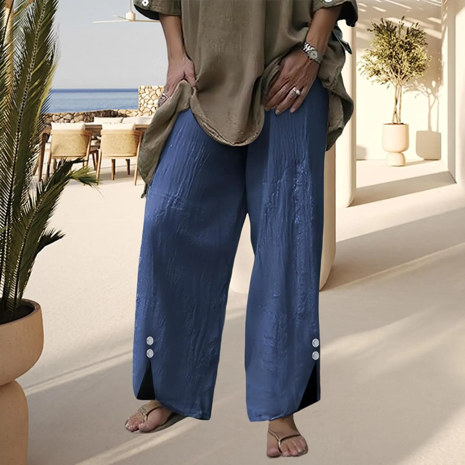 Womans Linen Pants Summer Baggy Button Wide Leg Palazzo Pants Casual High Waisted Trouser Beach Vacation Pant