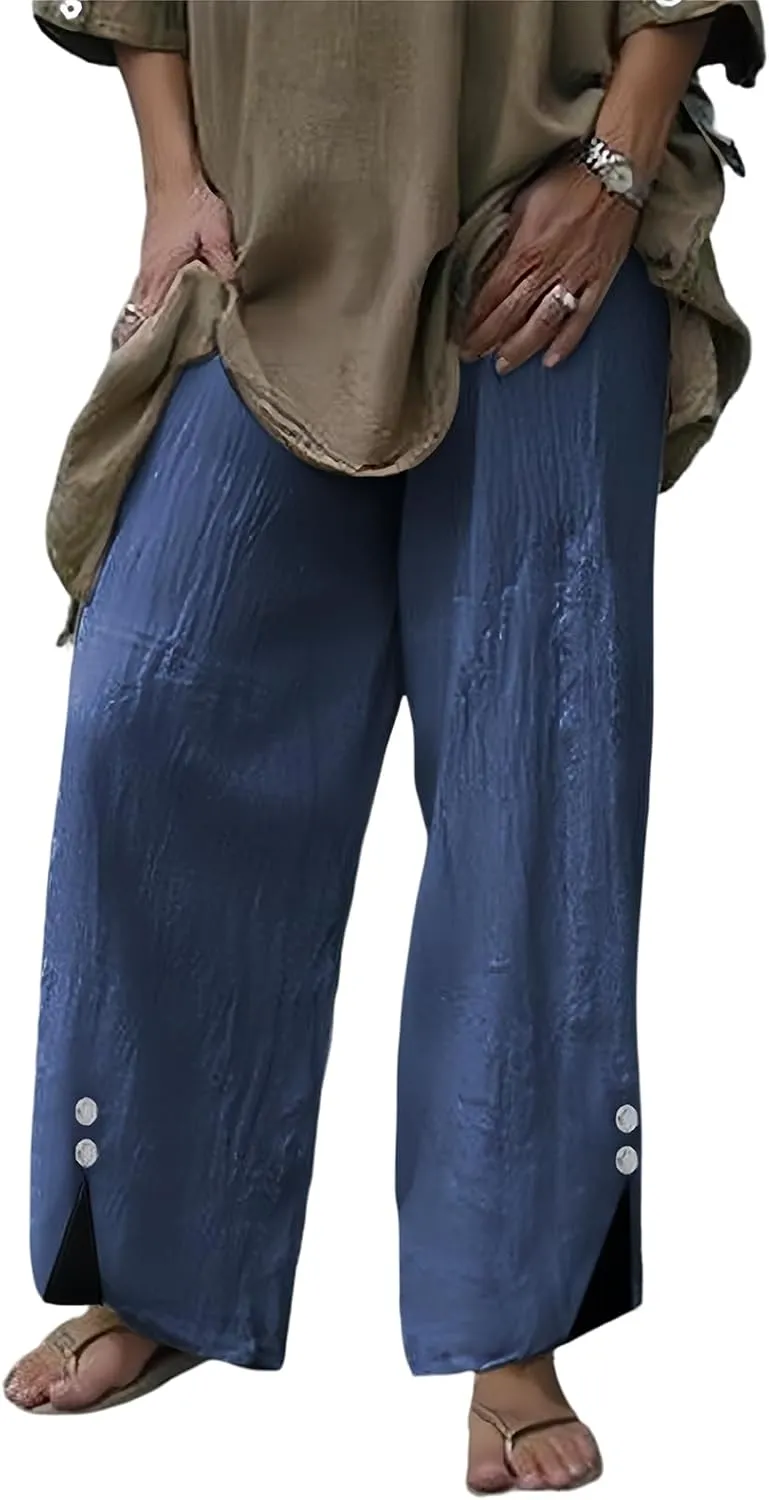 Womans Linen Pants Summer Baggy Button Wide Leg Palazzo Pants Casual High Waisted Trouser Beach Vacation Pant