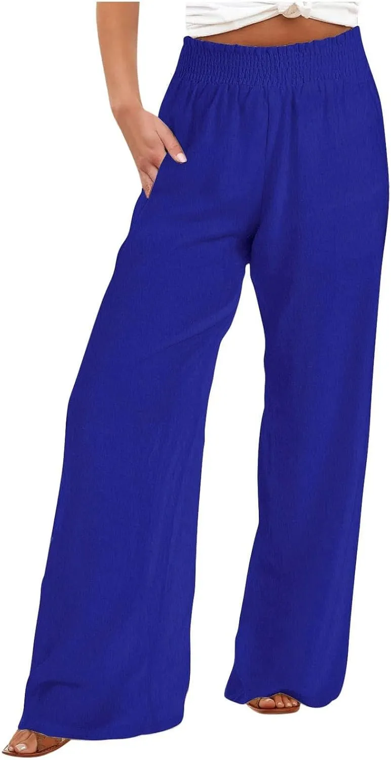 Women Linen Palazzo Pants Wide Leg High Waist Pants Summer Comfy Lounge Pant Drawstring Boho Trousers 2025