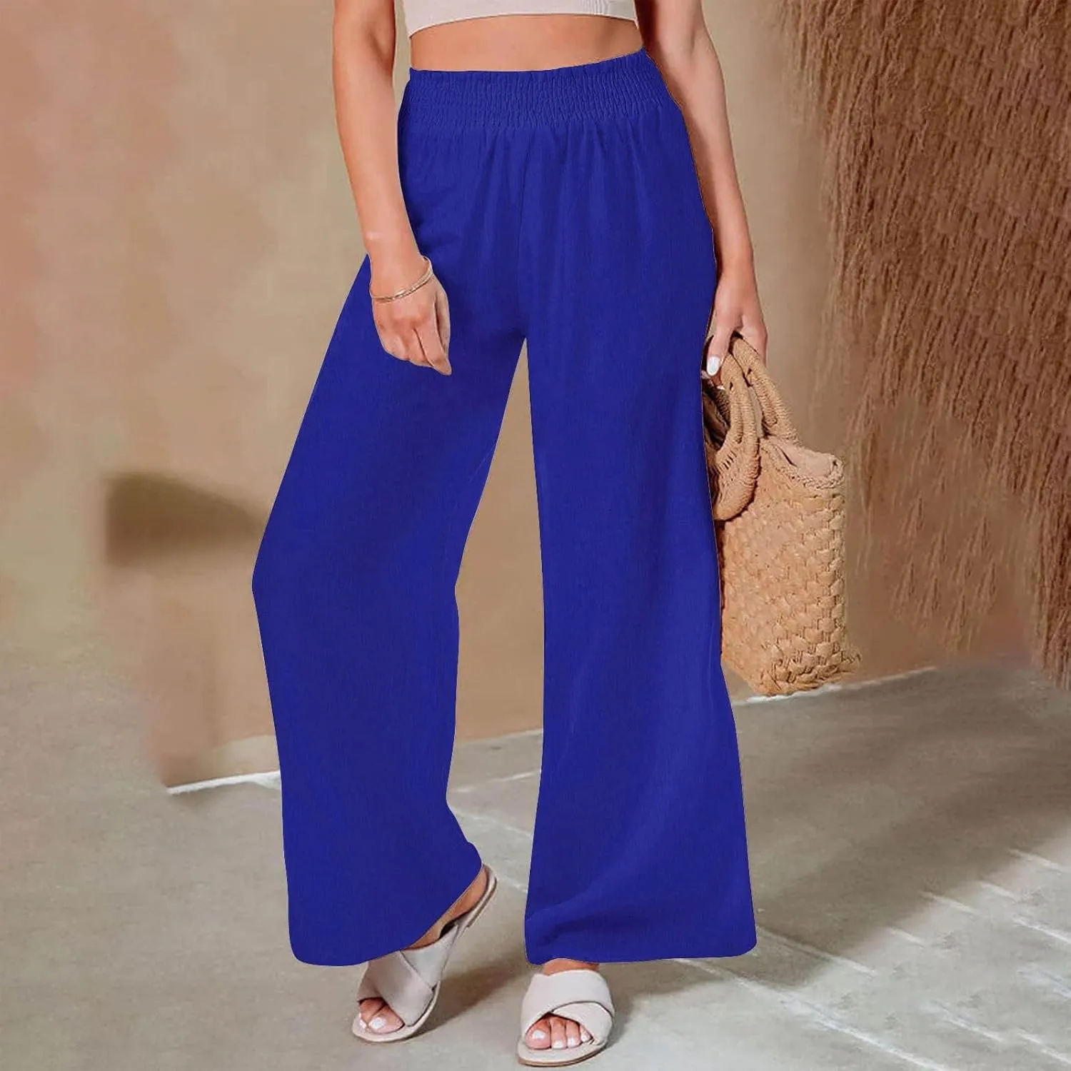 Women Linen Palazzo Pants Wide Leg High Waist Pants Summer Comfy Lounge Pant Drawstring Boho Trousers 2025